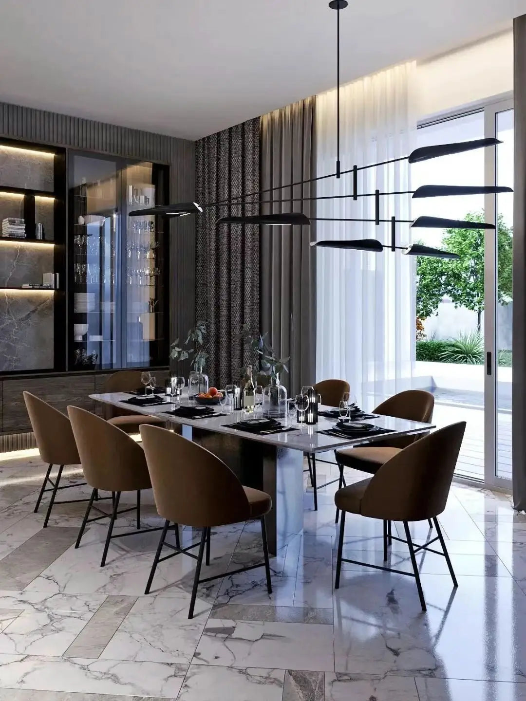 At the corner of the stairs leading to the second floor is a leisure area, with simple tea tables and stools, and the fire of the fireplace is burning. - ALINDA DECOR