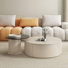 Unique Round Wood Coffee Table With Contemporary Black Drum Base White-Black / 31.5L X 31.5W 13H