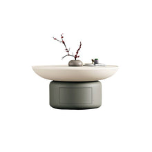 White Scandinavian Coffee Table With Round Wood Top & Gray Pedestal Base Living Room