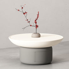 White Scandinavian Coffee Table With Round Wood Top & Gray Pedestal Base Living Room
