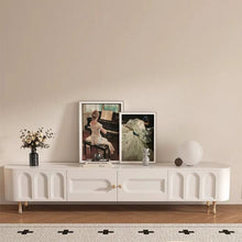 White Wood TV Stand with Drawers, Cabinet, and Cable Management - Modern Style, Low Height - ALINDA DECOR