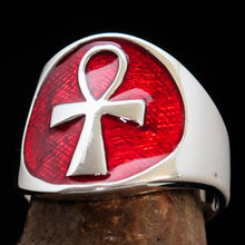 Excellent crafted Men's big red Egyptian Ankh Cross Ring - Sterling Silver
