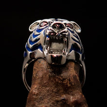 Excellent crafted Men's Predator Ring Tiger red CZ Eyes and blue Stripes - Sterling Silver