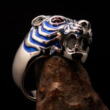 Excellent crafted Men's Predator Ring Tiger red CZ Eyes and blue Stripes - Sterling Silver