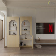 Alinda Curved Display Shelf with 2 Straight Doors (White Maple) - ALINDA DECOR