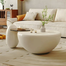 Free Form Glass Coffee Table with Wood Drum Base - Modern Style - ALINDA DECOR