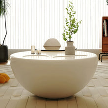 Free Form Glass Coffee Table with Wood Drum Base - Modern Style - ALINDA DECOR