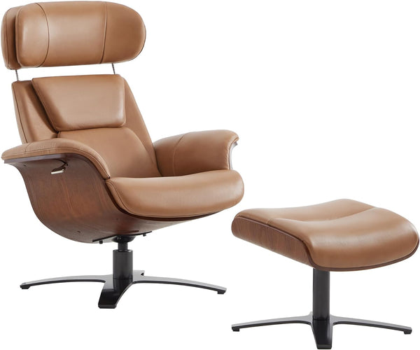 Genuine Leather Reclining Swivel Chair with Adjustable Headrest and Ottoman for Living Room, Saddle - ALINDA DECOR