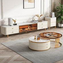 Glamorous White Stone TV Stand with Drawers and Glass Shelves - Luxe Cabinet Style - ALINDA DECOR