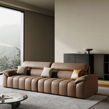 Modern Brown Leather Upholstered Sofa with Black Legs and Pillow Top Arms - ALINDA DECOR