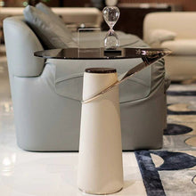 Modern Round Glass Table with Leather Pedestal Base in Beige - Easy Assembly - ALINDA DECOR