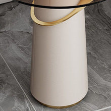 Modern Round Glass Table with Leather Pedestal Base in Beige - Easy Assembly - ALINDA DECOR