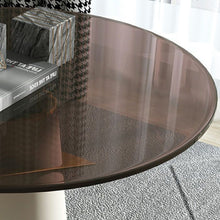 Modern Round Glass Table with Leather Pedestal Base in Beige - Easy Assembly - ALINDA DECOR