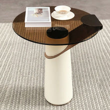 Modern Round Glass Table with Leather Pedestal Base in Beige - Easy Assembly - ALINDA DECOR