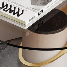 Modern Round Glass Table with Leather Pedestal Base in Beige - Easy Assembly - ALINDA DECOR