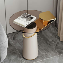 Modern Round Glass Table with Leather Pedestal Base in Beige - Easy Assembly - ALINDA DECOR