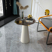 Modern Round Glass Table with Leather Pedestal Base in Beige - Easy Assembly - ALINDA DECOR