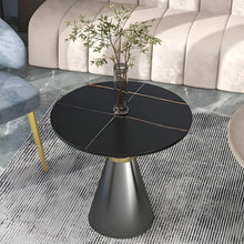 Modern Stone Pedestal End Table with Black Metal Base and Reserve Installation Holes Included - ALINDA DECOR