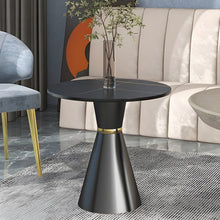 Modern Stone Pedestal End Table with Black Metal Base and Reserve Installation Holes Included - ALINDA DECOR