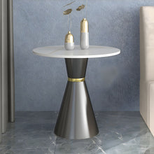 Modern Stone Pedestal End Table with Black Metal Base and Reserve Installation Holes Included - ALINDA DECOR