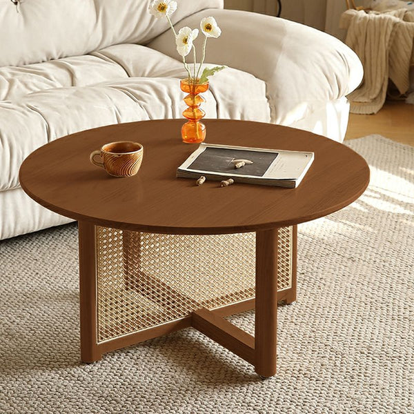 Modern Wood Round Coffee Table with Stainless Steel Legs and Plenty of Storage - ALINDA DECOR