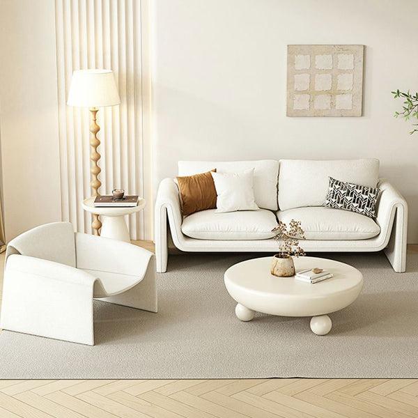 Off - White Sherpa Upholstered Scandinavian beck Sofa with Beige Cushions - ALINDA DECOR