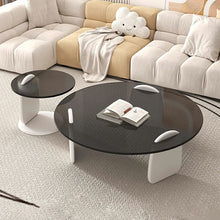 Round White Wood Coffee Table with Glass Top & Three Leg Base - ALINDA DECOR