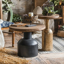 Rustic Brown Wood Pedestal End Table with Distressed Iron Base - ALINDA DECOR