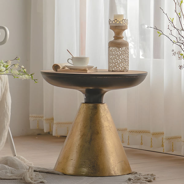 Rustic Wood Round End Table with Distressed Iron Pedestal Base, Non - Foldable, 18 - 28 inches Height - ALINDA DECOR