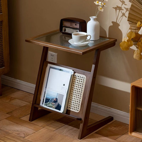 Scandinavian C Table with Clear Glass Rectangular Top and Wood Base - ALINDA DECOR